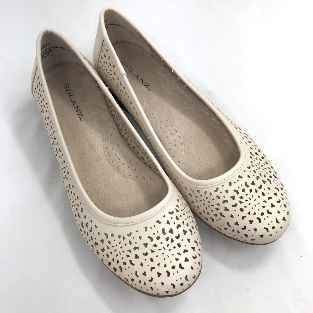Solanz Cream Laser Cut Faux Leather Slip On Memory Foam Ballet Flats - Picture 2 of 14